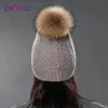 Beanieskull Caps FountyFur Winter Fur Pompom Hats for Women Cashmere Wool Knit Beanie Hatソフトウォームダブルレイヤースカルビーニーリアルファーボブルハット231215