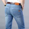 Mäns jeans vår sommar klassiska fickor män passar raka tunna jeans bomull elastiska midja midjan affärer lätta lätta byxor 231215