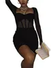 Casual Dresses Sexy Black Mesh Patchwork Corsets Mini Dress For Women Long Sleeve Square Neck Bodycon Short Party Club Outfit