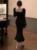 Urban Sexy Dresses French Style Puff Long Sle Dresses Women Black Trumpet Vintage Elegant for Ladies New Autumn Trendy Street Chic Square CollarL231215