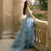 Blue Ruffles Tiere Prom Dresses Spaghetti Strap Lace Appliques Side Split Evening Party Gown Layed Tulle Long Vestidos de Novia 326 326