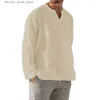 Polos pour hommes Coton Lin Hommes Chemise Bref Respirant Confortable Couleur Unie À Manches Longues Col En V Blouse Décontractée Chemise Hawaïenne Oversize Tops Q231215