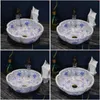 Set di rubinetti per lavandino Porcellana blu e bianca Cina Vaso lavabo in ceramica fatto a mano Lavobo Lavabo da appoggio rotondo per bagno kg Homefavor Dh47N