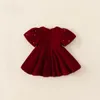 Girl s Dresses Children Clothing Girls Red Velvet Dress Christmas Party Flower Pearl Short Sleeve Kids Princess Gown Vestido for Baby 231215