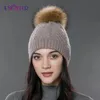 Beanieskull Caps FountyFur Winter Fur Pompom Hats for Women Cashmere Wool Knit Beanie Hatソフトウォームダブルレイヤースカルビーニーリアルファーボブルハット231215