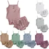 Kläder sätter nyfödda babyflickor solid snörning stickad backless sele rompers drstring ruffle brim shorts strand sommarkläder outfits uppsättningar r231215