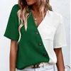 Damesblouses Zomer Modieus Chiffon V-hals Contrasterend shirt met korte mouwen Top Casual Tweekleurig T-shirt met gekruiste knoopzak