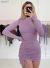 Urban Sexy Dresses WJFZQM Sexy Ruched Bodycon Mini Dress Women Clothes Fall 2022 Long Sle O Neck Lace Up Draped Tight Dresses Woman Party NightL231215