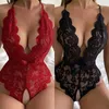 Sexy Set Schritt frei rot sexy Dessous Damen Spitze hohl BH Set Sex Kleidung Teddy Baby Doll Kleid tiefes V offene Fliege 231215