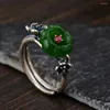 Cluster Rings FNJ 925 Silver Ring for Women Jewelry Original Pure S925 Sterling Rose Flower Natural Hetian Jade Green Stone