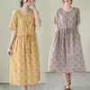 Casual Dresses Summer Print Short Sleeve Vintage Cotton Linen Midi Dress Women Loose Holiday Robe Ladies Elegant Clothing