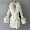 Women's Wool Blends Jxwatcher Style Cashmere Coats Real Fox Fur Collar Ladies Mid-Längd Wool Jacket Winter Elegant Belt Design Ytterkläder 231214