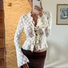 Mulheres Blusas Hirigin Mulheres Elegantes Verão Lace Floral Tops Flare Manga Longa Gravata Front Sheer Slim Crop Cardigan Clubwear Blusa Mujer Moda 231215