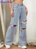 Women s Jeans DenimColab 2023 Hole Washed Wide Leg Pant Loose Boyfriend 100 Cotton Mom Casual Trousers Denim 231215