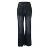 Damen-Jeans, hohe Taille, lockeres, gerades Bein, Denim-Hose mit Taschen, Knopf, elastisch, einfarbig, lässig, lange Hose für Damen