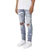 Herenjeans Gebarsten verf voor heren Distressed Button Fly Rits Been Hip Hop High Street Skinny Denim jeans 231215