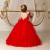 Classy Long Red Flower Girl Dresses Jewel Neck Tulle Full Sleeves Lace Appliques with Bow Ball Gown Floor Length Custom Made for Wedding Party