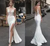 Sexy Meerjungfrau Hochzeitskleid Frauen Schlitz Strand Mantel Open Back Sheer Spitze Applique Boho Ärmelloses Vestido De Noiva Brautkleid