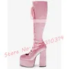 Boots Satin Ribbon Platform Long Boot Pink High Block Heels Front Cutouts Suede Shoes Ladies Sweet Party Laceup Knee 231214