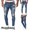 Mäns byxor rippade jeans män sträcker mager grå blå svart hiphop -denim byxor streetwear casual smal passform för jogging jean 231214