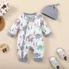 Rompers 0-18 Months Baby Clothes Newborn Boy Romper Long Sleeves Print Jumpsuit with Hat 2PCS Clothing Infant Baby BodysuitL231114