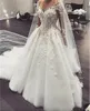 Brautkleider mit langen Ärmeln, Brautkleid, A-Linie, Perlenkristalle, Juwel, durchsichtiger Ausschnitt, 3D-Blumenapplikation, Spitze, Tüll, Sweep-Zug, Strand, Land, Vestidos de Novia 2023