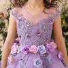 Vestidos de menina flor meninas roxo inchado apliques com flores 3d pequena festa de aniversário de casamento primeira comunhão vestido de férias