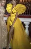 Fashion Yellow Ladies Prom Dress 2024 V-neck Ruffles Tiered Sash Satin Tulle Evening Formal Quinceanera Gowns Celebrity Style Vestidos De Fieast