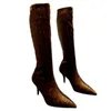 Boots suede cloth designer shoes pointy toed knee boots women's classic half boots letter brand thigh-high boots luxury sexy high heels stretch satin sanding shoes