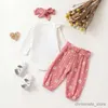 Осенний наряд для маленьких девочек, комбинезон с длинными рукавами и цветочным принтом, брюки с поясом и повязкой на голову, комплект одежды R231215