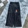 Женские джинсы Y2K Мешковатые готические винтажные хип-хоп американские JNCO с графикой вышивки Черные брюки Мужчины Женщины Уличная одежда с широкими штанинами в стиле Харадзюку