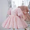 Girl Dresses Baby Dress Kids Boutique Clothes Princess Solid Color Sweet Lovely Birthday Fairy V-neck Short Sleeve Bowknot Sequins