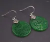 Dangle Küpeler Gerçek Katı 925 Sterling Gümüş Doğal Jadeite Jade oyma desen içi boş para yuvarlak