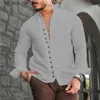 Polos masculinos Estilo Retro Verão Masculino Casual Camisa de Linho de Algodão Mock Neck Sólido Decote em V Manga Longa Solta Top Hands ome Camisa US Tamanho S-3XL Q231215