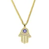 Pendentif main de Fatima plaqué or, cristal CZ, matériau en cuivre, porte-bonheur, chaîne de collier bleu palmier pour femmes, bijoux 203Q