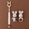 Teethers Toys 1 Set DIY Crochet Rabbit Baby Teether born Bunny Rattle Toy Wooden Molar Teething Ring Pacifier Clips Chain Stuff 231215