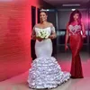 Luxury Pearls Mermaid Wedding Dress 2024 Sheer Neck Three Quarter Sleeve Ruffles Bridal Gowns African Vestidos De Noiva