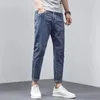 Herenjeans Korea Casual broek enkellange hoge kwaliteit zomer stretch katoen gat dun streetwear ontwerp denim 231214