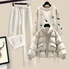 Women's Two Piece Pants Autumn and Winter Three Set Waist Slimming Cotton Coat Embroidered Sweater Matching Set Velvet Corduroy Wide 231214