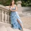 Blue Ruffles Tiere Prom Dresses Spaghetti Strap Lace Appliques Side Split Evening Party Gown Layed Tulle Long Vestidos de Novia 326 326