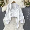 Damskie bluzki satynowe jesienne bluzka Kobieta z długim rękawem przycięte topy polo koszule kobiety Koreańska moda kobieta swobodna koronkowa upusz