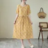 Casual Dresses Summer Print Short Sleeve Vintage Cotton Linen Midi Dress Women Loose Holiday Robe Ladies Elegant Clothing