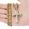 Religious Jesus 14k Yellow Gold Cross Necklace Men Color Crucifix Pendant with Chain Necklaces Male Jewelry 9EIB