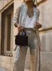 Womens Two Piece Pants Fashionable silver sequin long pants set for womens fashion wide leg sparkling long sleeved jacket Baddie twopiece street womens set 231214