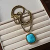 Hanger Kettingen Grote Vierkante Turquoise Rozenkwarts Ketting Voor Vrouwen Lange Trui Vintage Elegante Winter Sieraden