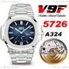 V9F 5726 Calendário Anual A324 Relógio Masculino Automático D-Azul Mostrador Texturizado Fase da Lua Pulseira de Aço Inoxidável Super Edição Puretime270k