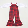 Kläder sätter Wholesale Western Boutique Outfits Baby Girls kläder Vit långärmad toppröda och gröna rutiga hängslen Jumpsuit