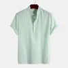Casual herenoverhemden Heren gestreept Henley-shirt Zomer korte mouw losse O-hals knoopblouse Dagelijkse zakelijke kleding Mannelijke kleding