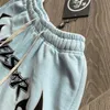 Men's Shorts Hellstar Retro Washed Light Blue Short Sleeved Drawstring High Street 1 Label Printed Looped Fabric Couple Casual Wear 231215