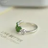 Bagues de cluster Naturel Réel 925 Sterling Argent Incrusté Vert Hetian Jade Bague Ouverte Pour Femmes Cadeau De Fiançailles